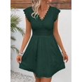 thumbnail image 3 of Dark Green Eyelet Lace V-Neck Short Sleeve A-Line Mini Dress, 3 of 6
