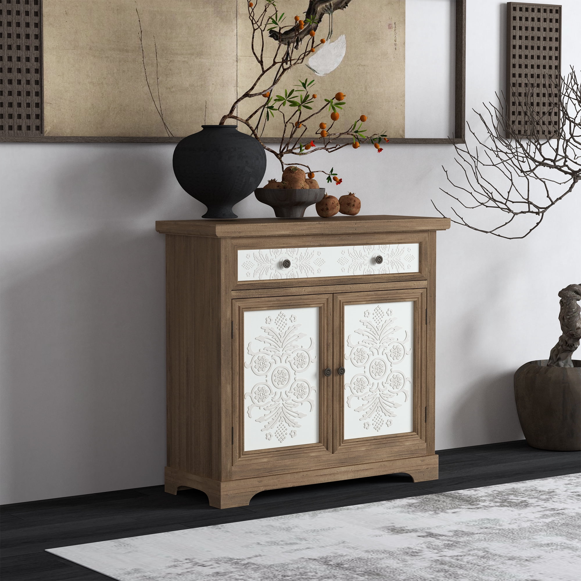 TrumanPick Rustic Vintage Accent Sideboard with Carved Floral Doors, Distressed Wood Storage Cabinet with Drawer, 2-Shelf Farmhouse Organizer for Living Room, Entryway
