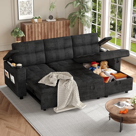 Couches for Living Room, 84'' Sofa Bed, l-Shaped Sectional Sleeper Sofa with Pull Out Bed, Reversible Storage Chaises, Hidden Storage Armrests, Cup Holders & USB Charging Ports