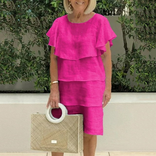 LOVZFMLL Robe Décontractée Unie pour Femmes, Col Rond, Rose Vif 2TG