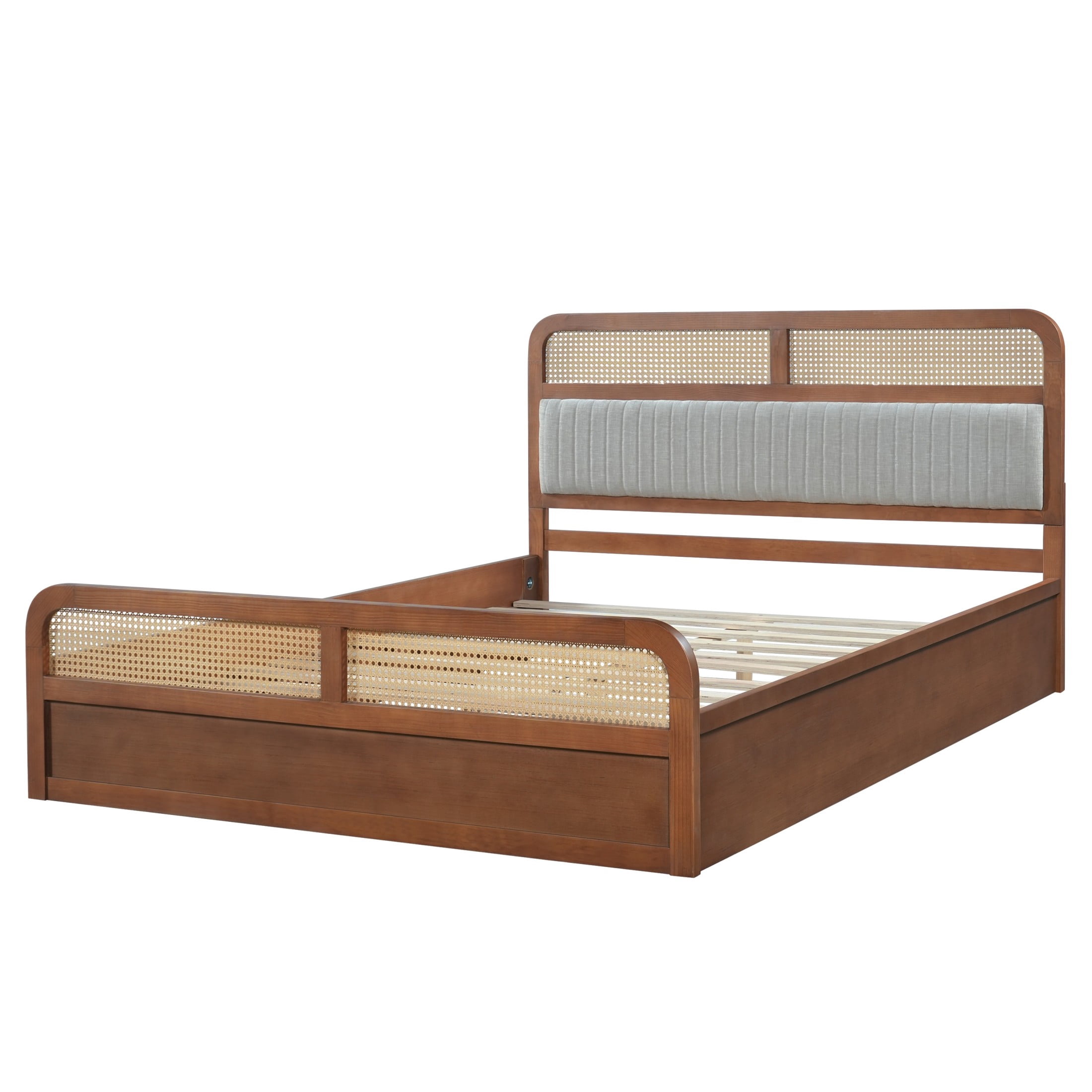 Christopher Knight Home Queen Wood Platform Bed with Rattan & Gray Upholstered Headboard, Brown Finish