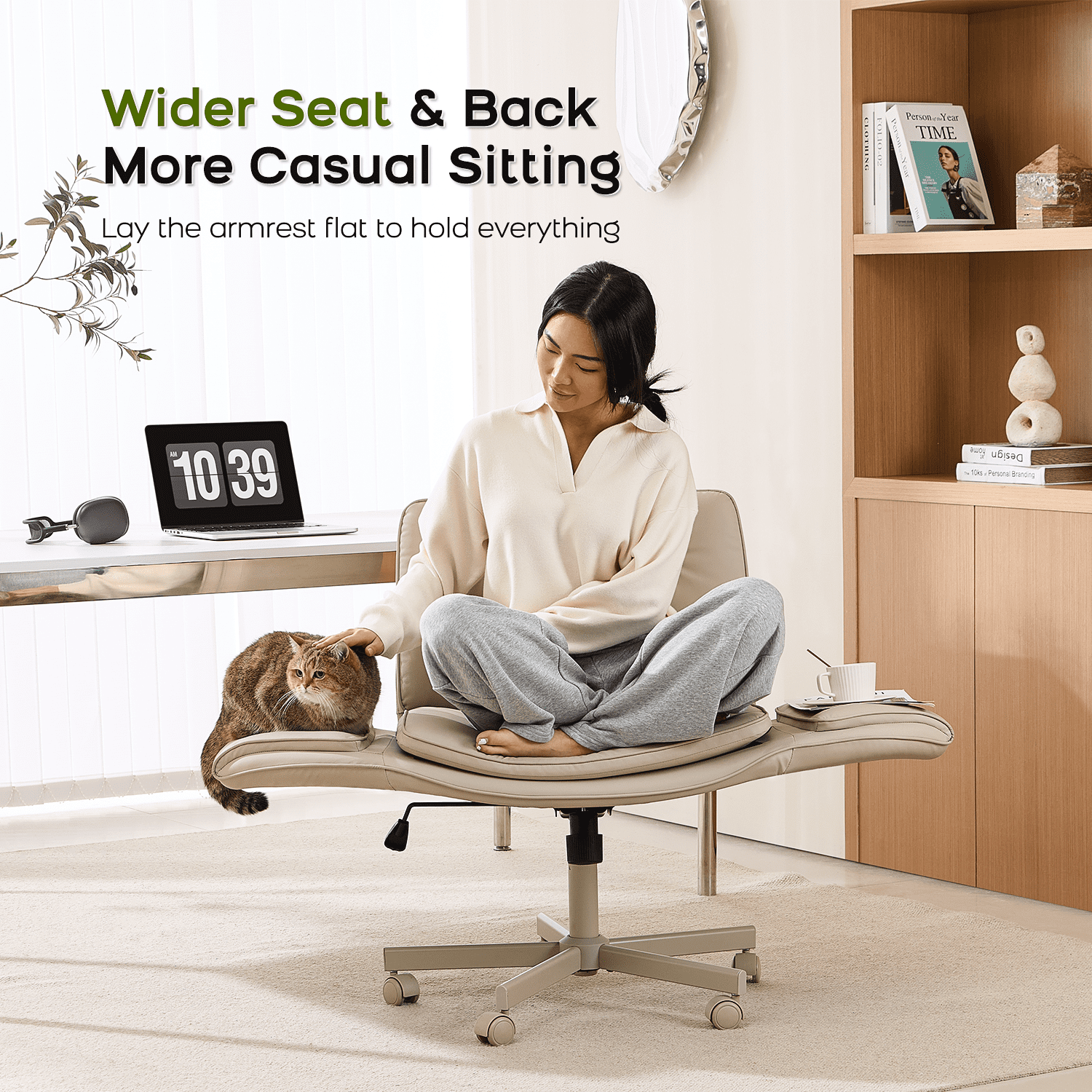 TMV Vanity Chair Oversized, Criss Cross Design Office Desk Chair - Big & Tall Computer Chair with Foldable Arms, Swivel and Wheels,Cream