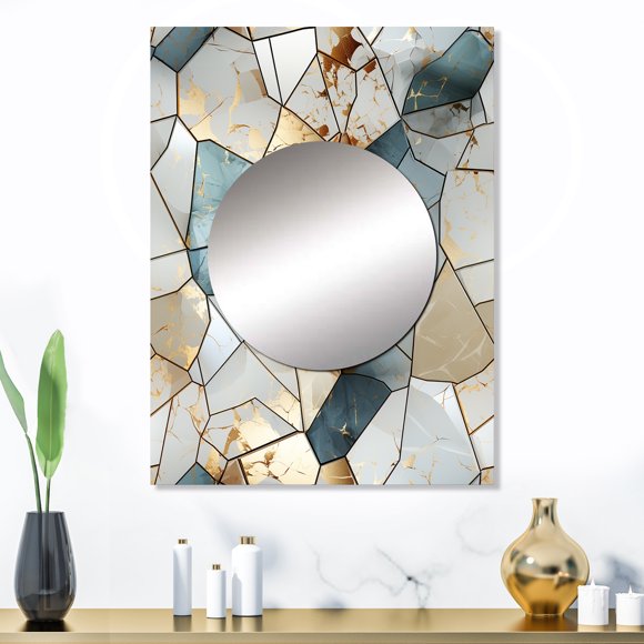 Designart "Harmonious Teal And Grey Marble Essence" Abstract Mirror Wall Decor - Glam Teal Marble Large Printed Mirror Wall Decor For Bedroom - 32" x 24" Inch