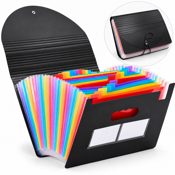 ICREOPRO 25-Pocket Expanding Accordion File Organizer, Rainbow Multi-Pocket File Folder with Elastic Cord Closure and Label Window, Black