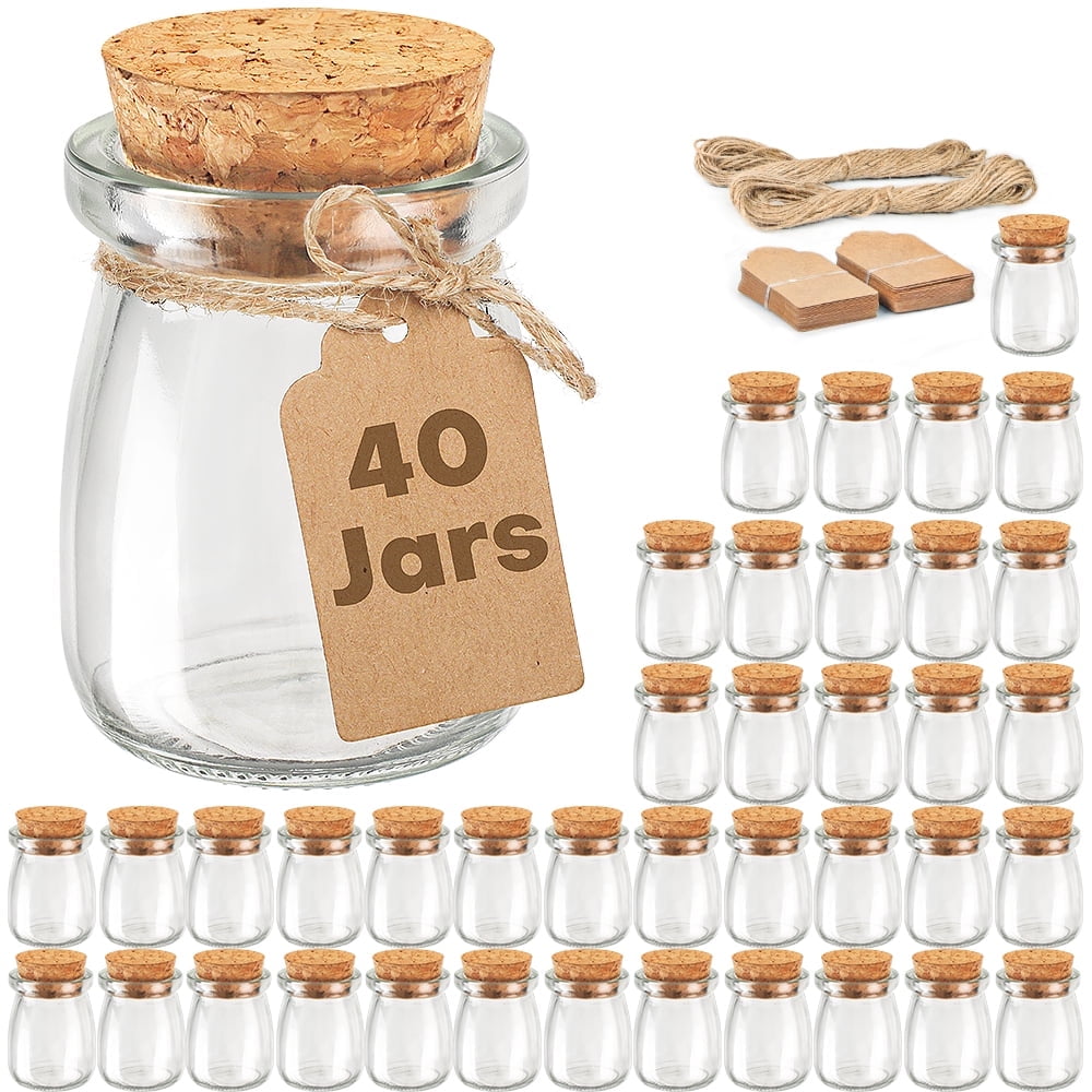 40 Pack Syntic 3.4 oz Small Glass Jars with Cork Lids, Small Bottles Container, Glass Candy Jar for Gift Favors, Party Clear