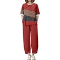 thumbnail image 4 of WTOBBY Women's Summer Fashion Two Piece Set Half Sleeve Printed Tops with Elastic Waist Nine Piece Pants Outfit Casual and Comfortable for Daily Wear ,Wine S, 4 of 7