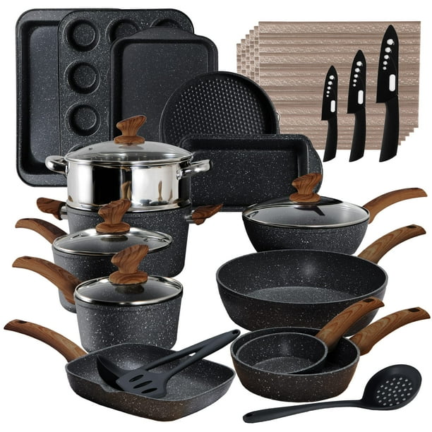 Juego de utensilios de cocina y utensilios para hornear Kitchen Academy, 30 piezas, granito negro