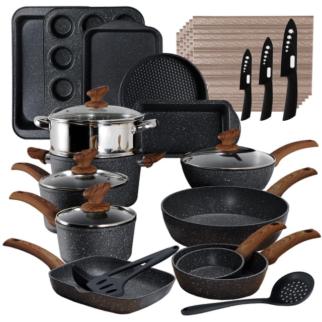 Juego de utensilios de cocina y utensilios para hornear Kitchen Academy, 30 piezas, granito negro