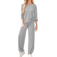 thumbnail image 3 of Women's Ribbed Knit Lounge Set, Straight Leg Pants Two Piece Outfit, Long Sleeve Top and Pants Set, Comfortable Elastic Waistband, Relaxed Fit Casual Home Suit Light Ashy XXL, 3 of 7