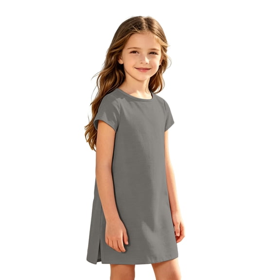 Grblisyd Dresses for Girls Kids Casual Crewneck Loose Short Sleeve Dress Solid Color Midi Dress 10-12 Years