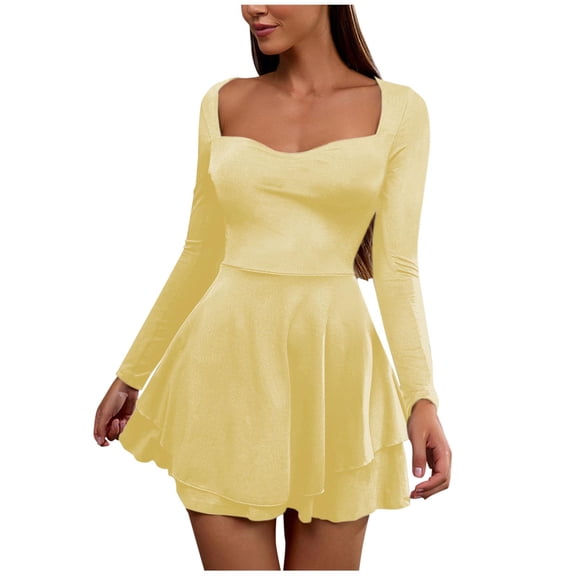 Levmjia Womens Dress Long Sleeve Square Collar Tunic Solid Color Tiered Hem Casual Polyester Comfortable Flattering Party Vacation Daily Wear