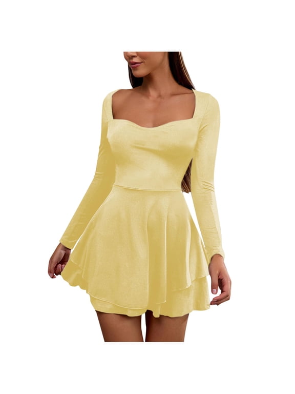 Party Dresses for Women 2025 Square Neck Long Sleeve Ruffle Dress Fall Winter Fashion Solid Color formal Wedding Guest Dress Women's Clothing Yellow M