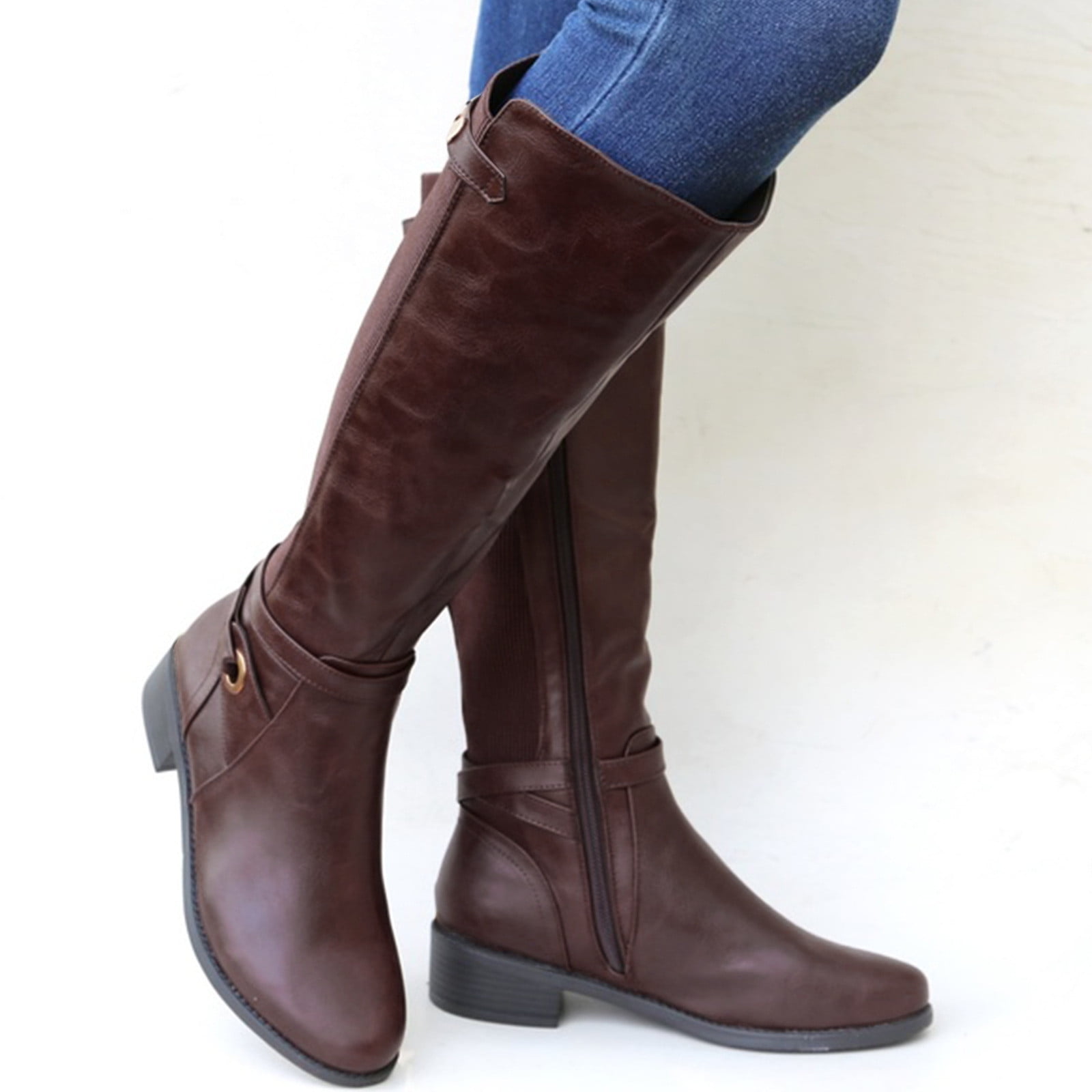 Bottes Femmes Hauteur Genou Extensibles - Noir - Talon Plat - Fermeture éclair Et Boucle