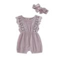 thumbnail image 1 of Summer Baby Girl Rompers Newborn Baby Clothes Toddler Flare Sleeve Solid Lace Design Romper Jumpsuit With Headband, 1 of 7