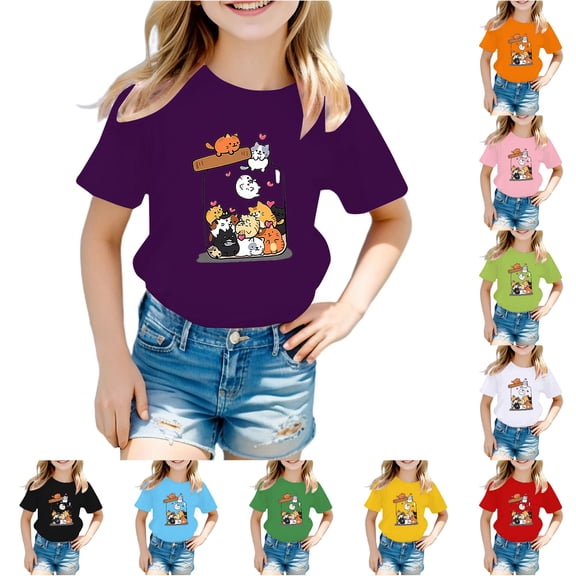 WhouRiu Girls Cartoon Graphic Tees Kids Short Sleeve Crew Neck Tshirt Comfortable Cute Casual Summer T Shirts,3-4 Years