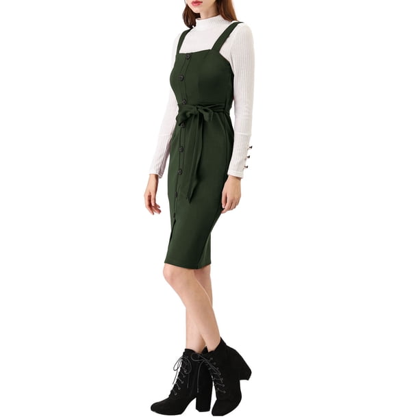 Allegra K Women Button Decor Suspender Overall Jumper Dress - Dark Green - XS Allegra K Women Button Decor Suspender Overall Jumper Dress - Dark Green - XS
