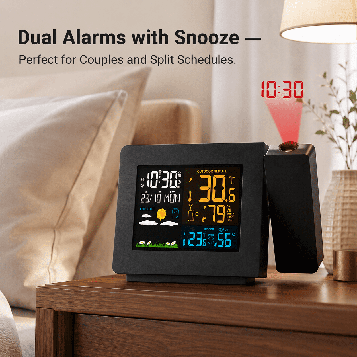 Atomic Projection Alarm Clock with Weather Station, WWVB Radio, Dual Alarms, Snooze, and Wireless Temperature & Humidity Sensor