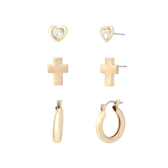 Madden NYC Women's Fashion Gold-Tone Cross Stud & Huggie 3-Piece Earring Set