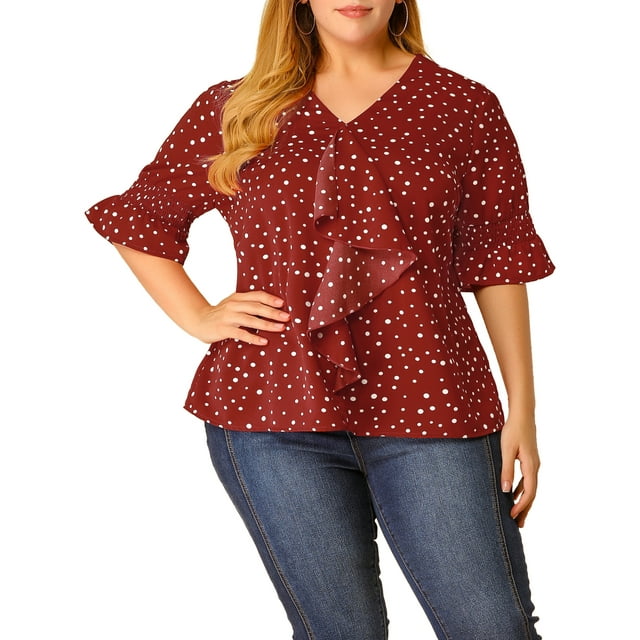 GRACE & GRANDEUR Blouse pour Femme Grande Taille, devant à Volants, Manches Smockées, Col en V, Haut Uni Décontracté 1X Rouge Blanc
