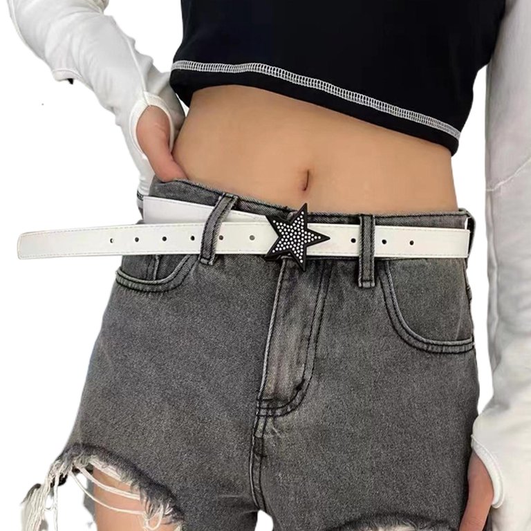 Ladies Waist Belt Rhinestone Buckle Fashion Skinny 1.1inch Width Decorative  Belt Jeans Belt Women PU Leather Belt Pants Casual White 