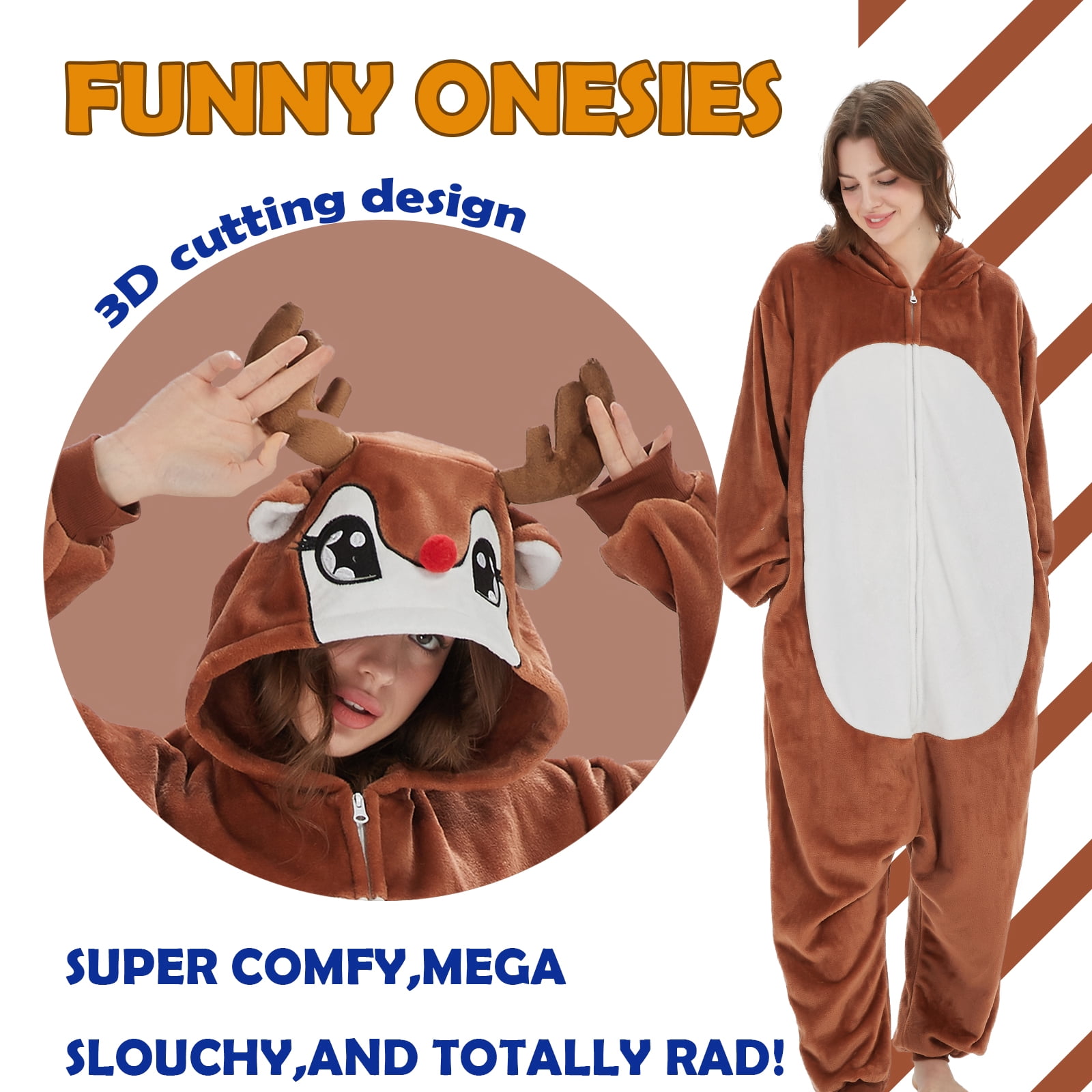 SWEETXIN Adult Christmas Reindeer Unisex Onesie Pajamas Halloween Cosplay Costume Suit for Women and Men SizeXL