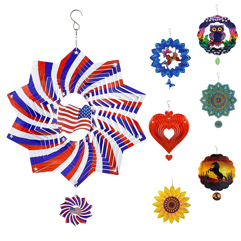 Tmrbno 3D Metal Wind Spinner Hanging Pinwheels American Flag 12