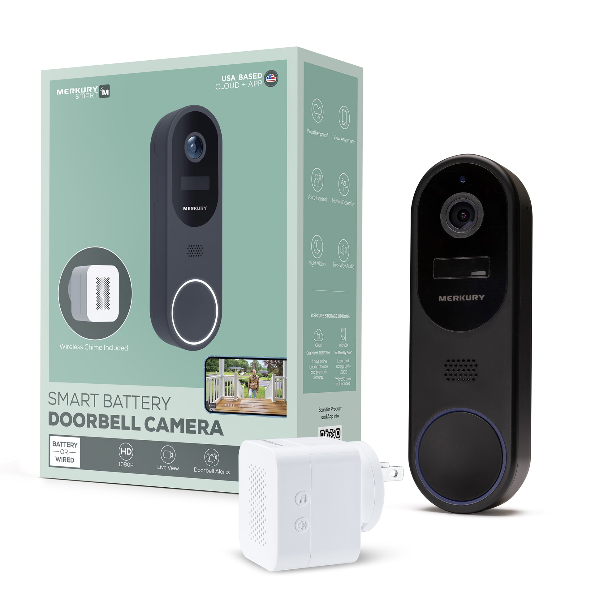 Merkury Smart Doorbell Camera - Wire-Free Battery Cam with Chime & Intelligent Alerts (1-Pack)