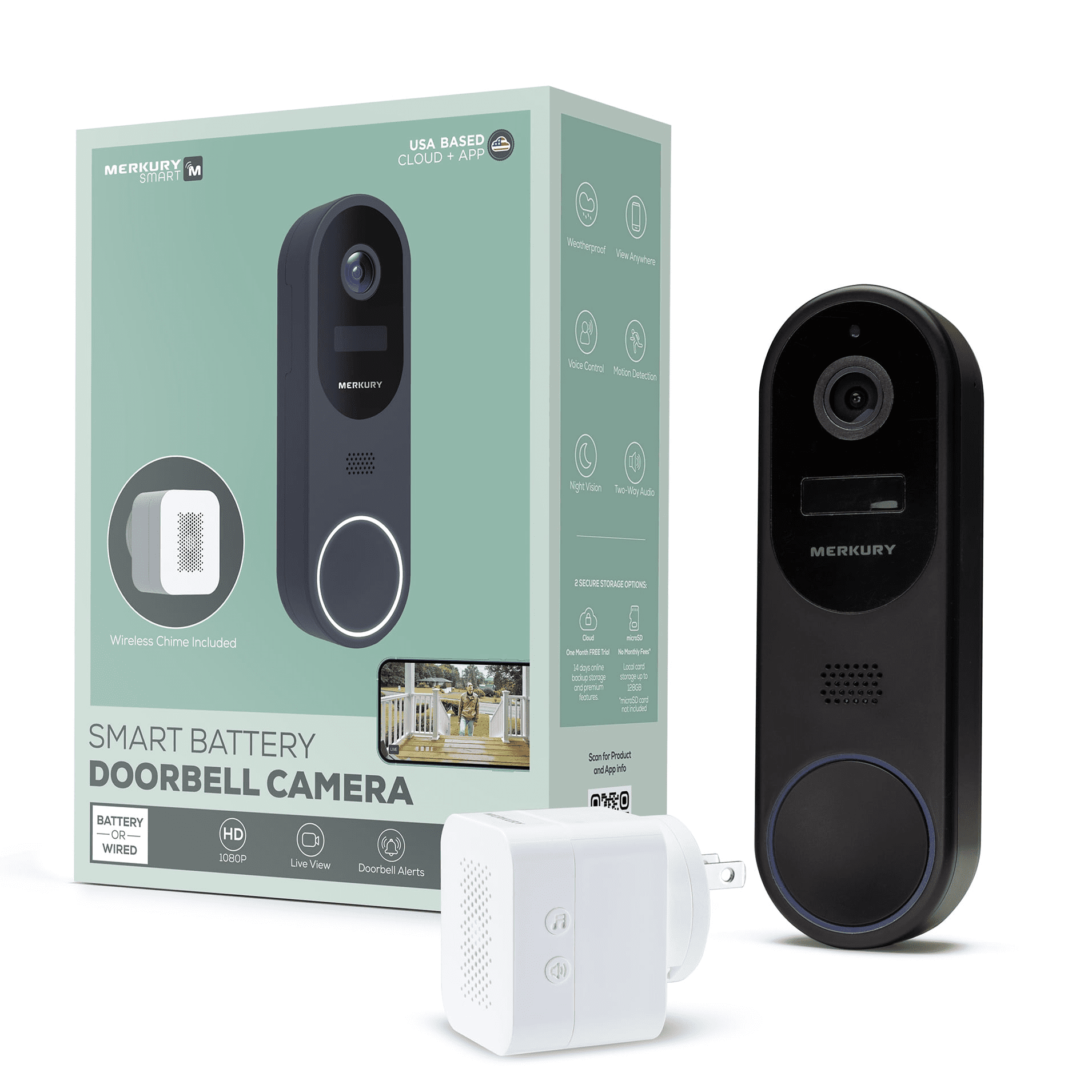 Merkury Smart Doorbell Camera - Wire-Free Battery Cam with Chime & Intelligent Alerts (1-Pack)