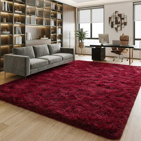 Burgundy Plush Thick Long-Pile Carpet, Super Soft And Comfortable Rug