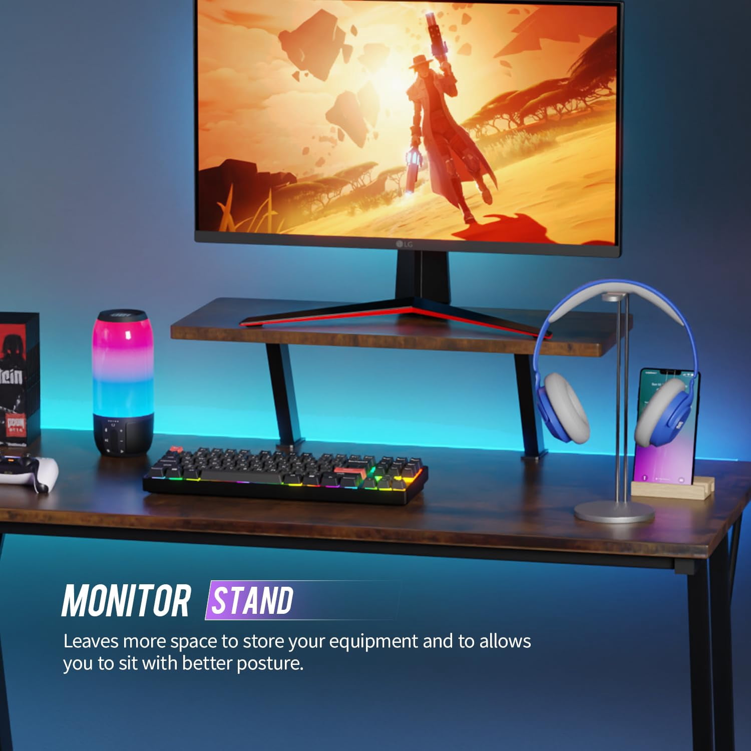 YRLLENSDAN L Shape Gaming Desk Table, 50 Inch Corner PC Gaming Desk with Monitor Stand, L-Shaped Computer Desk Table, Gamer Work Desk for Home Office, Brown