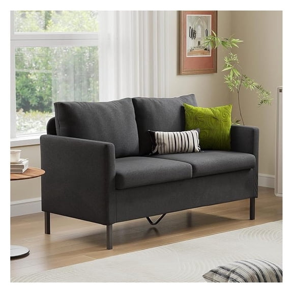 Linen Fabric Modern Small Loveseat Sofa Couch for Living Room, 51" W Little Upholstered 2-Seater Mini Love Seats w/Iron Legs for Small Space, Apartment, Bedroom, Dorm, Office (Dark Grey)