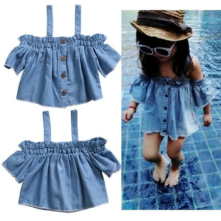 - Fashion Kids Toddler Baby Girls Denim Casual Ruffles Off Shoulder Blouse Tops T-Shirt