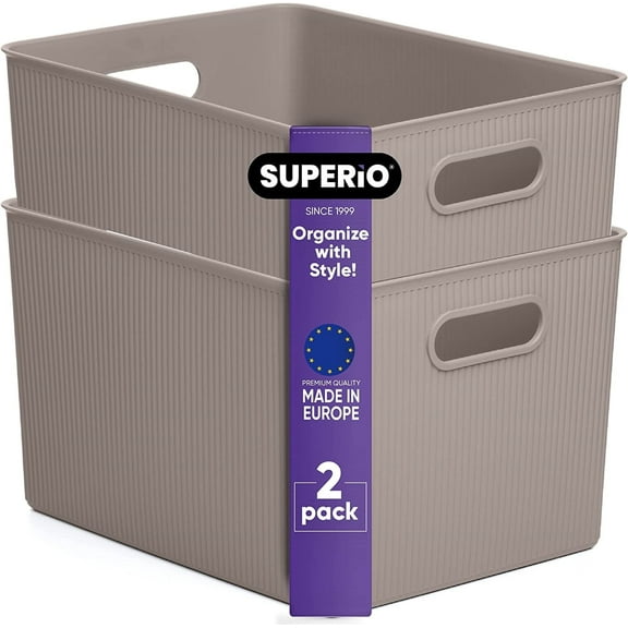 Superio 22L Large Ribbed Storage Bin- Plastic Storage Bin (2 Pack, Taupe)