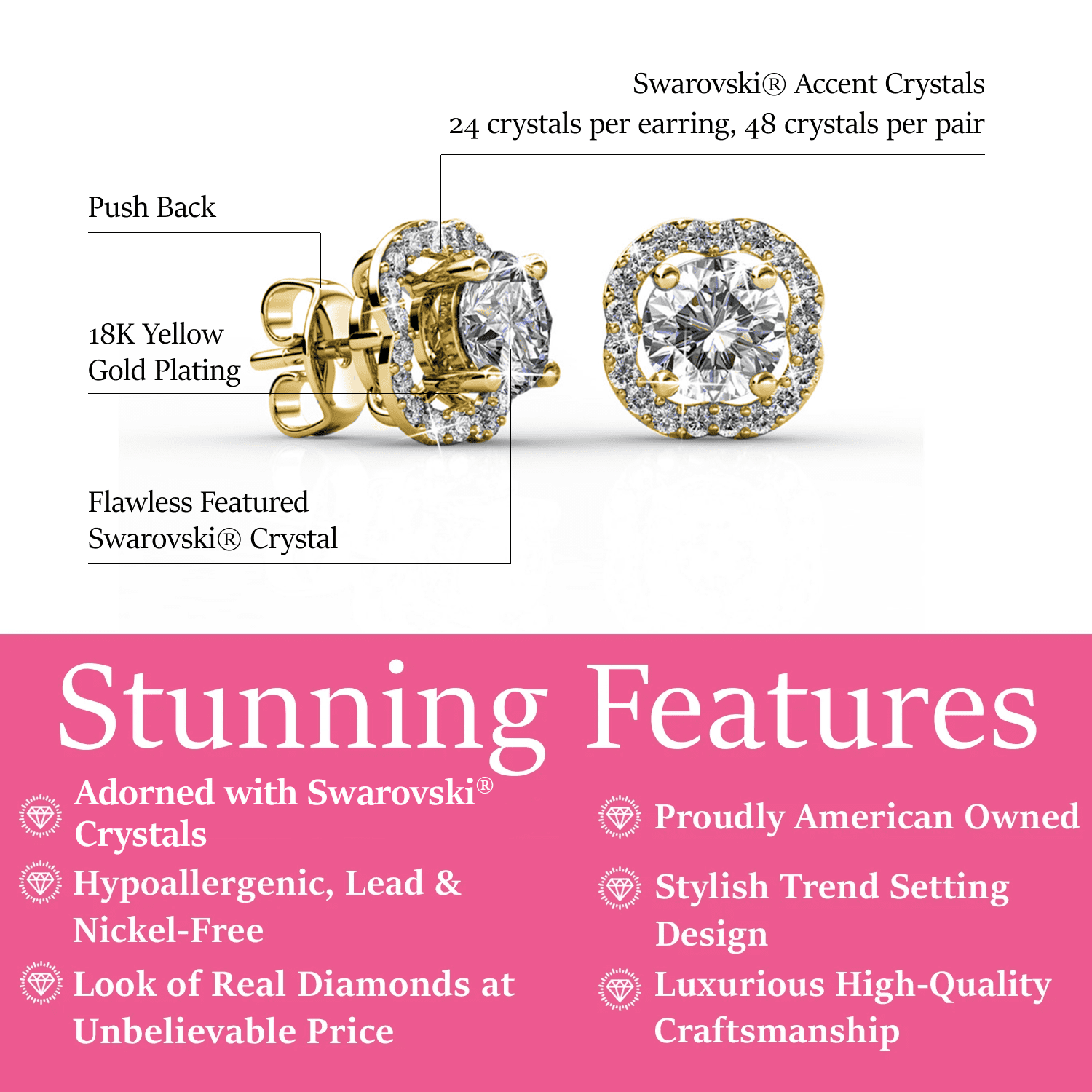 Cate & Chloe Haddie 18k Yellow Gold Plated 2-in-1 Halo Women's Stud Earrings with Swarovski Crystals