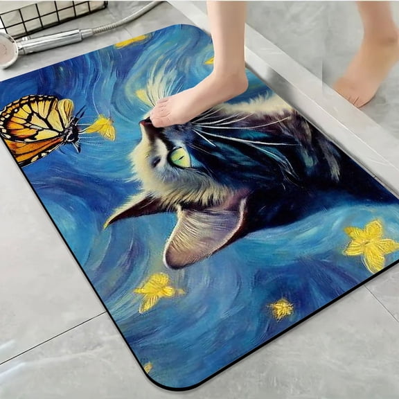1pc Cat and Butterfly Bathroom Rug Bathroom Decor and Accessories- Durable,Anti Slip,And Quick Drying,Suitable For Indoor/outdoor Use - Perfect For Bathrooms,Bedrooms,Kitchens