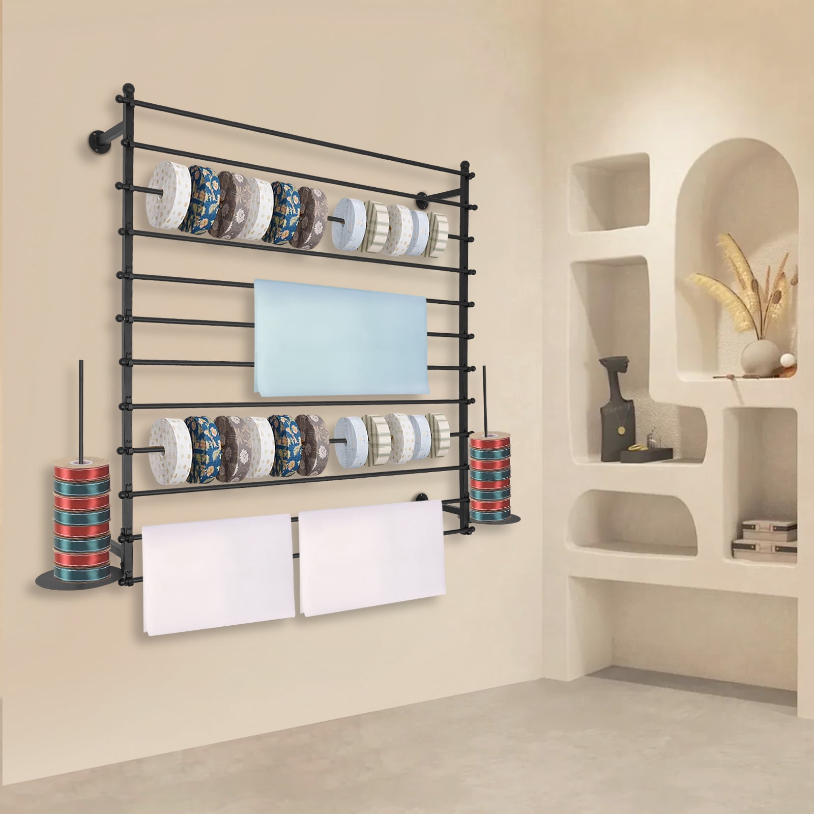 Wall-Mounted Display Rack, Wrapping Paper Ribbon Holder for Flower Shop Sewing Tool Thread Scarf Tie Black