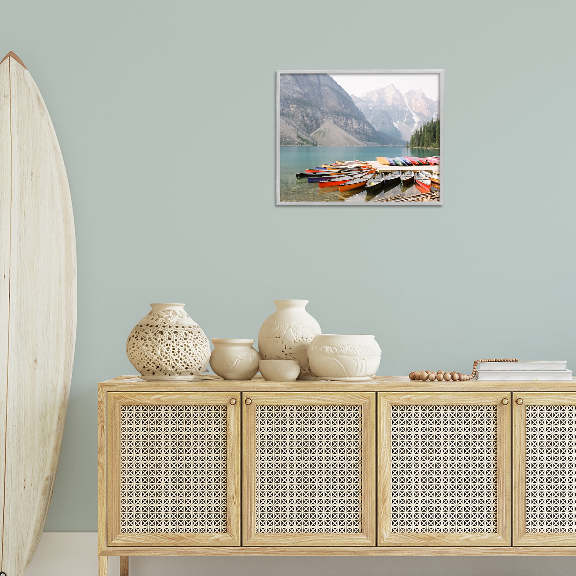 Stupell Industries Cliffside Canoe Dock Landscape Photography Gray Framed Art Print Wall Art, 20 x 16