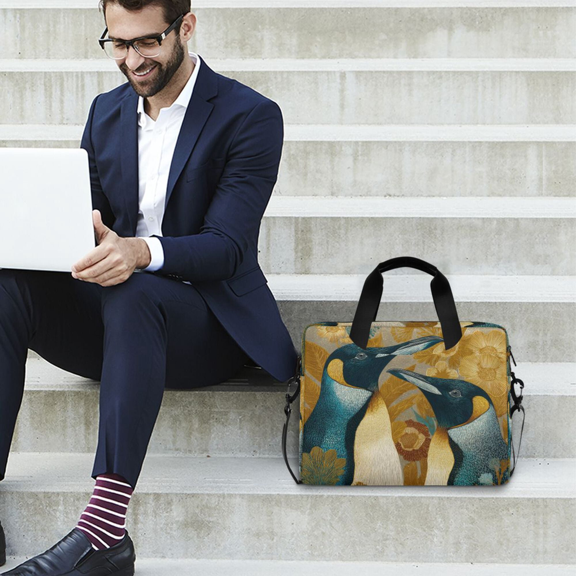 16" Laptop Briefcase, Detachable Anti-Slip Shoulder Strap, Multi-Compartment Work Travel Bag Two Penguins