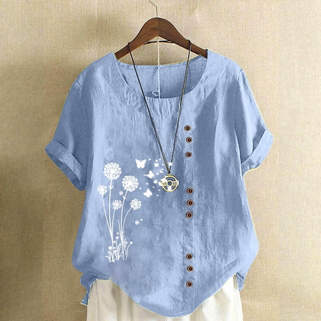 TaTaai Women's Everyday Casual Blouse, Linen Feel Round Neck T-Shirt, Short Sleeve Comfortable Top for All Occasions Gift