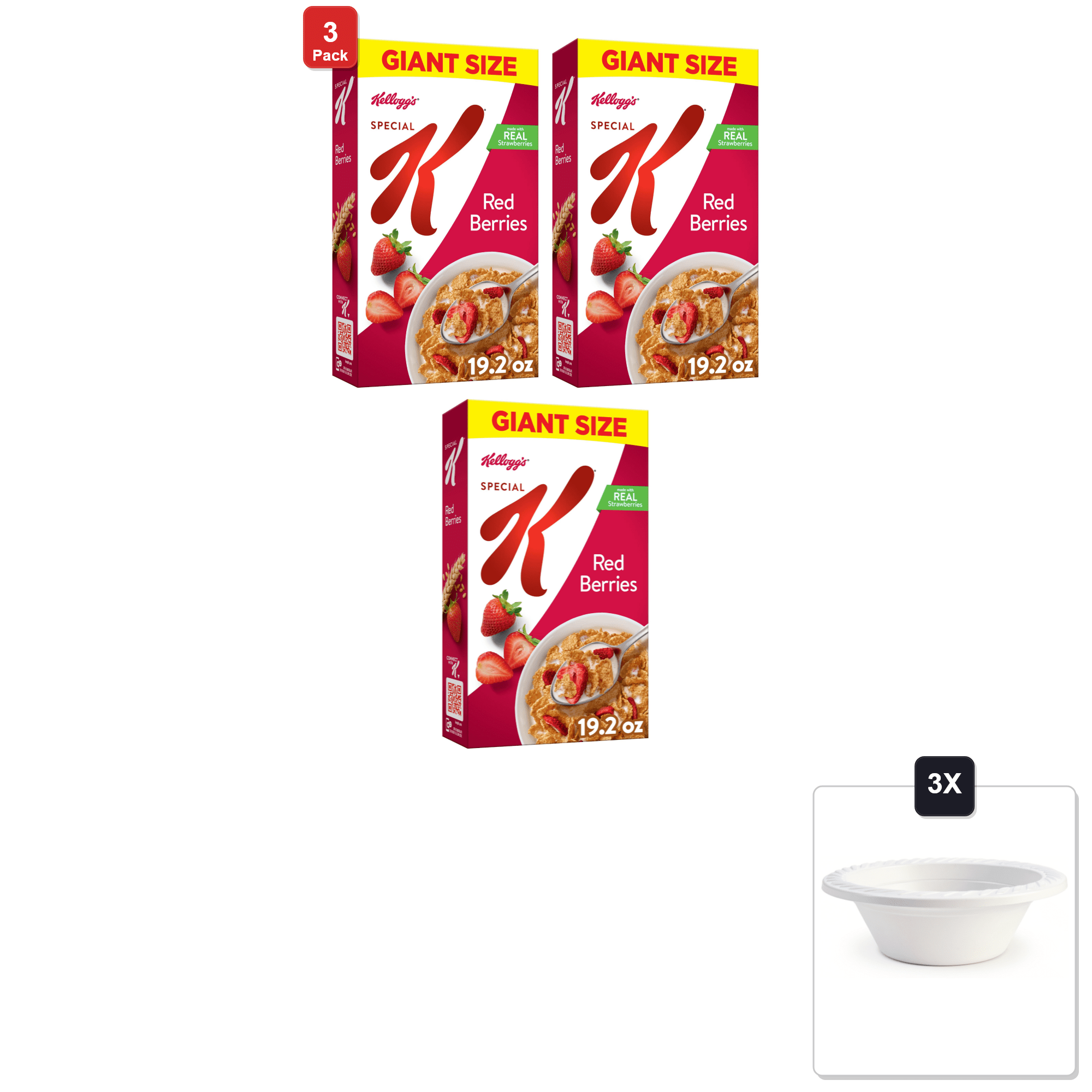 3 Pack | Kelloggs Special K Breakfast Cereal, Giant Size, Red Berries, 19.2 oz & 3x 12oz Disposable Plastic Bowl