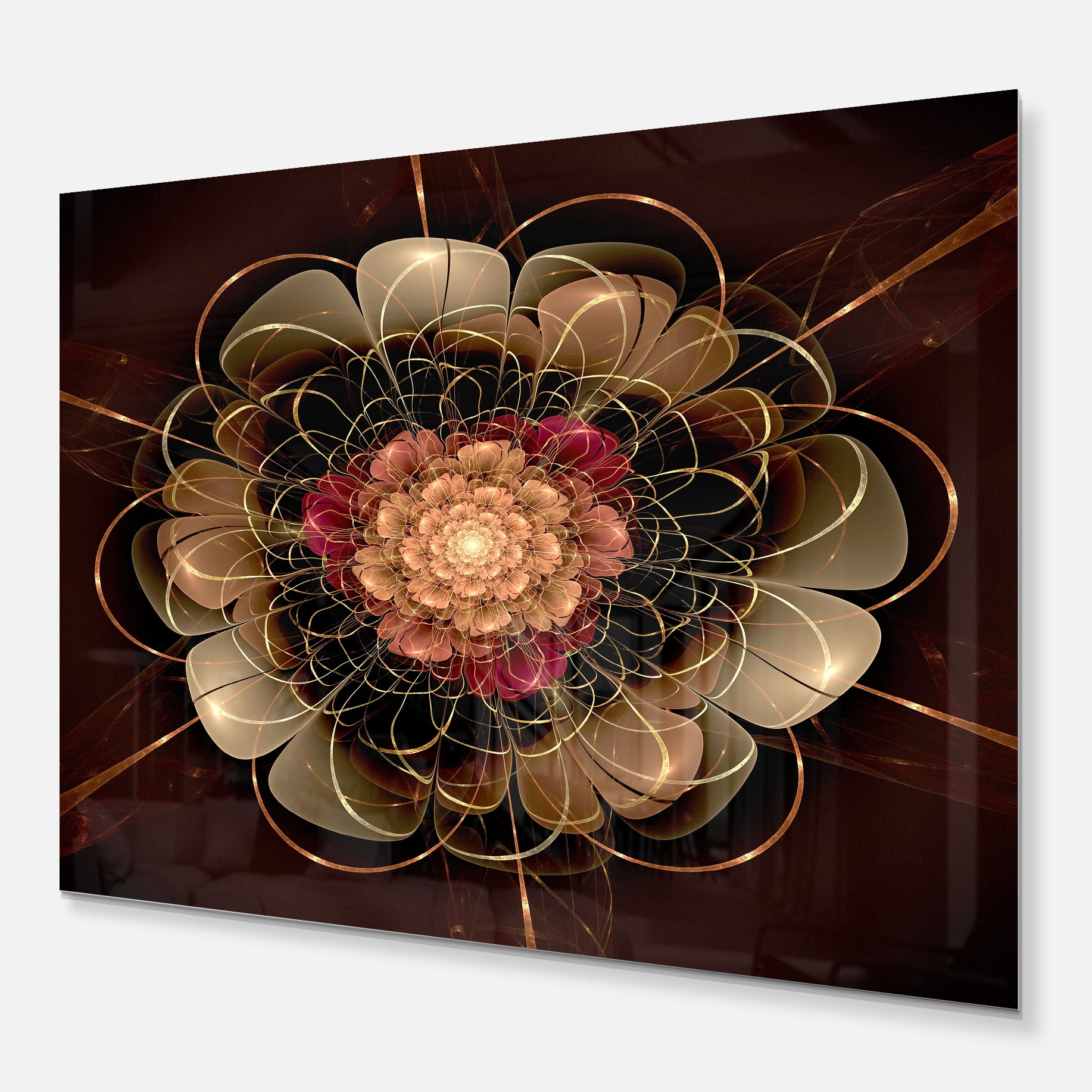 Designart 'Dark Gold Red Fractal Flower Pattern ' Extra Large Floral Wall Art