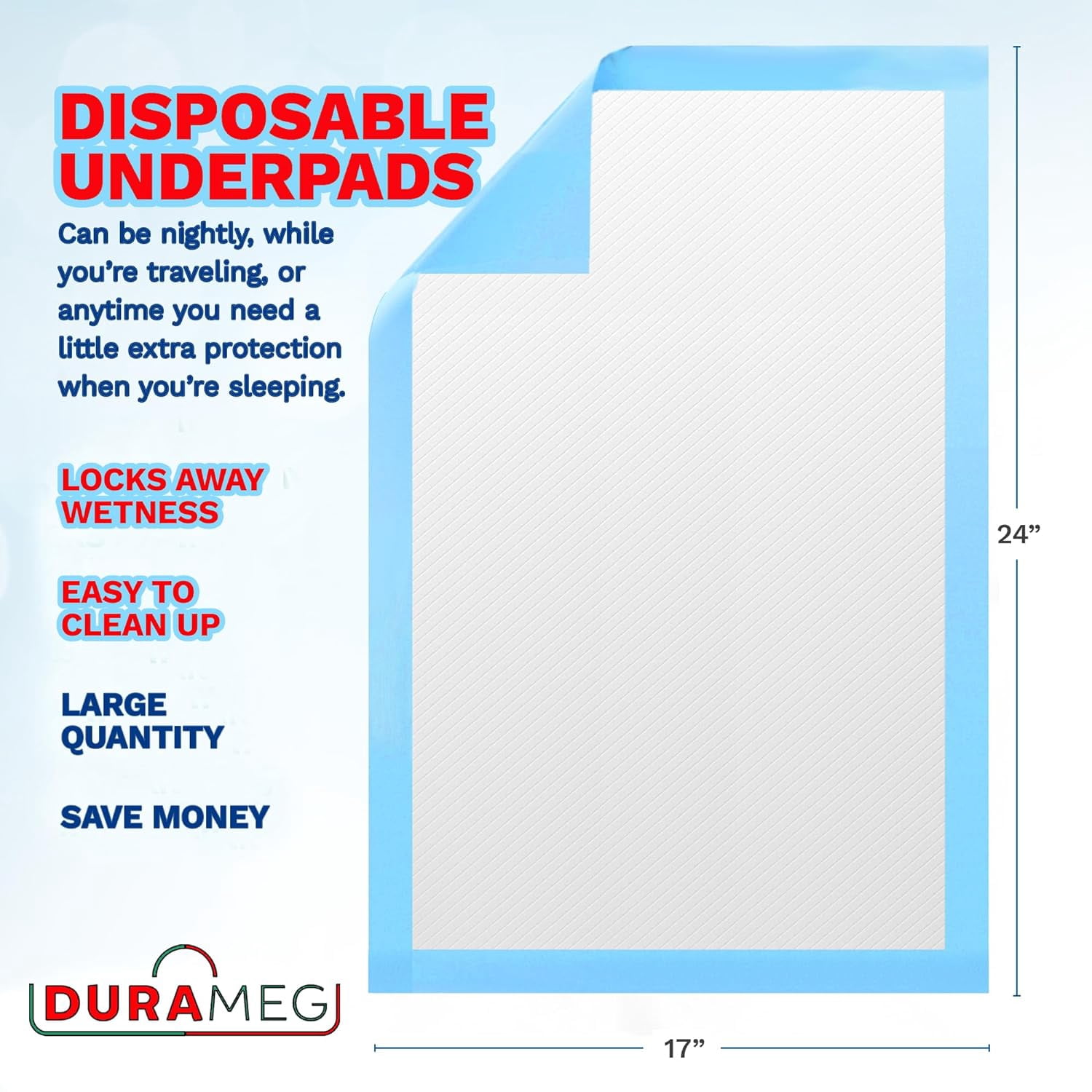 Chucks Pad Disposable Underpads 17x24 | [100 Pack] Incontinence Chux Pads Absorbent 2g SAP Fluff Protective Bed & Pee Pads for Babies,-,Adults & Elderly | Puppy Pads Large for Training Leak Proof