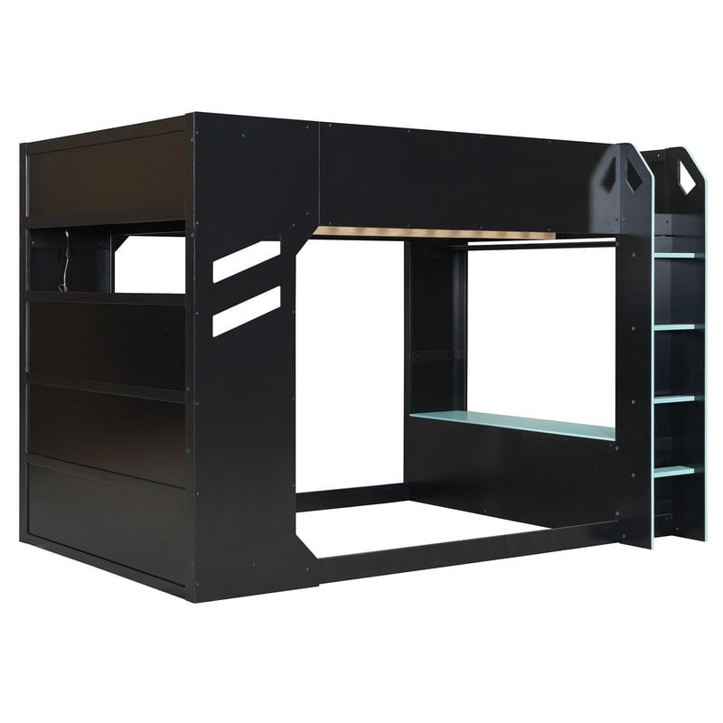 Full Size Wood Loft Bed with Height Adjustable Desk, RGB LED Lights & Storage Drawers, Gaming Loft Bed Frame with Headboard Cabinet, Hanging Rod for Bedroom