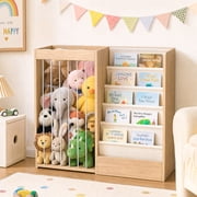 Scohul 2-in-1 Kids Bookshelf and Toy Organizer, Montessori Toddler Stuffed Animal Storage Zoo for Playroom, Natural