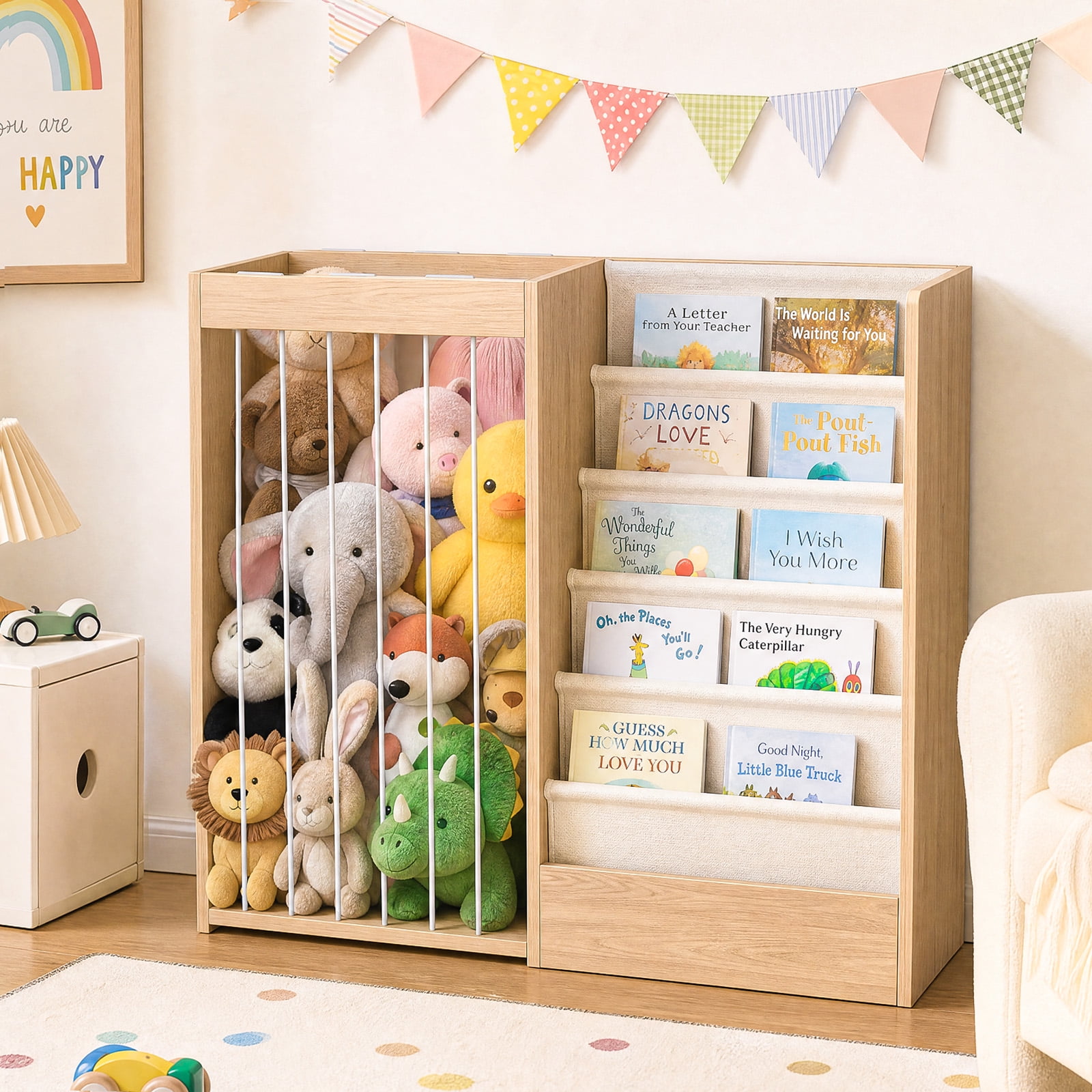 Scohul 2-in-1 Kids Bookshelf and Toy Organizer, Montessori Toddler Stuffed Animal Storage Zoo for Playroom, Natural