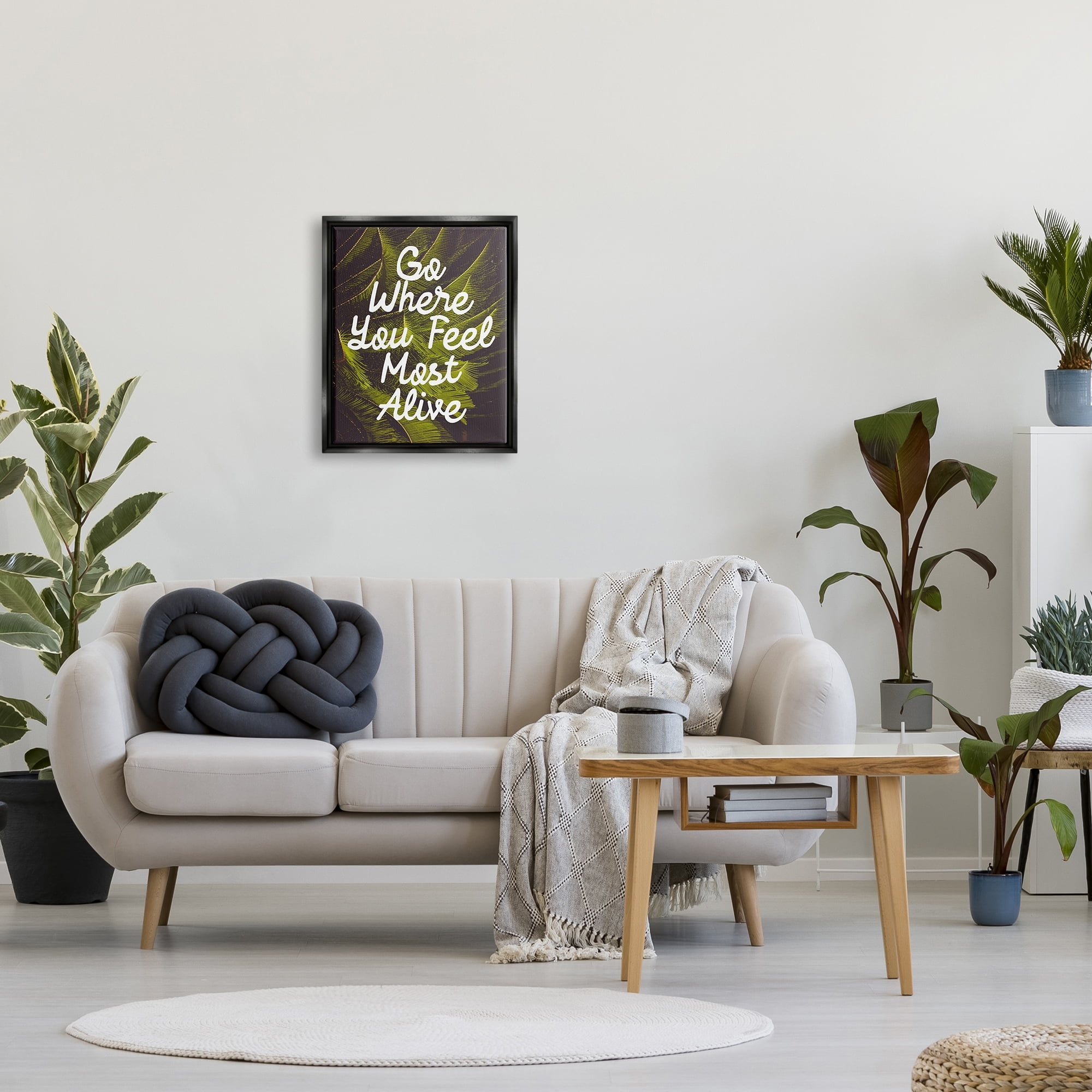 Stupell Industries Encouraging Life Calligraphy Quote Botanical Plant Leaf Graphic Art Jet Black Floating Framed Canvas Print Wall Art, Design by Daphne Polselli