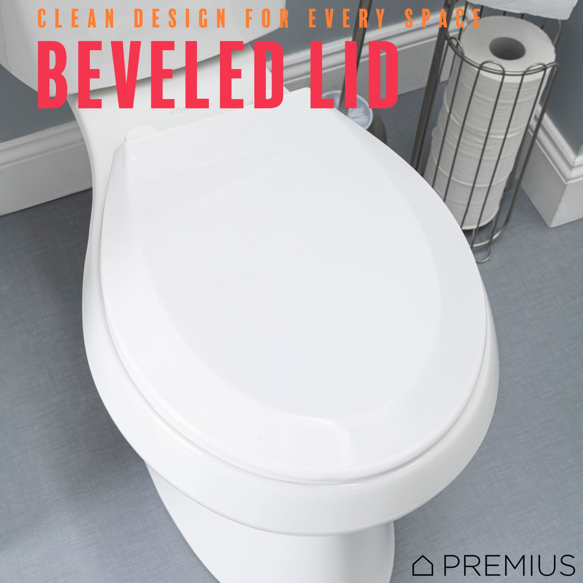 PREMIUS Slow Close Beveled Plastic Toilet Seat, White, Standard Round, 17 Inches