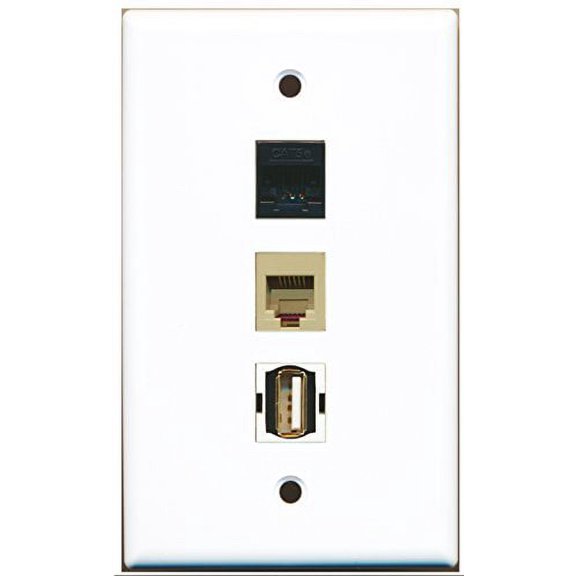 RiteAV - 1 Port USB A-A and 1 Port Phone RJ11 RJ12 Beige and 1 Port Cat5e Ethernet Black Wall Plate