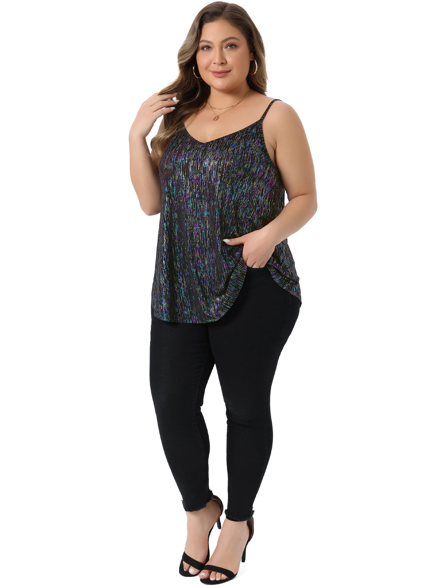 DARING DIVA Women's Plus Sequin Tank Tops V Neck Bronzing Glitter Cami Vest 4X Colorful