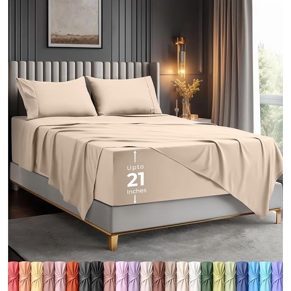 4-Piece Extra Deep Pocket Sheet Set | Fits 18 to 21 Inch Mattresses, Soft Cooling Microfiber, Hotel Luxury, Wrinkle & Fade Resistant, OEKO-TEX Certified | Utopia Bedding, Full, Beige
